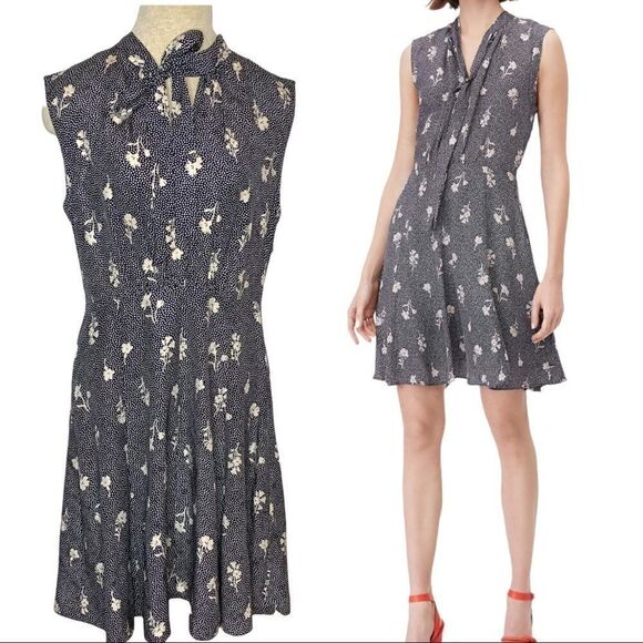 Blue Floral Dress Rebecca Taylor Tailored Silk Wildflower Dot Jacquard Size 6 - Picture 1 of 10